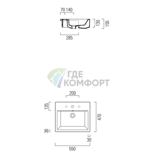 Раковина GSI Kube полувстраиваемая с переливом 55x47 см - фото 2