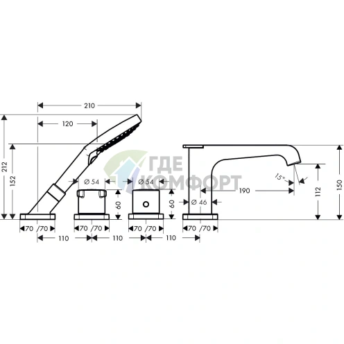 Смеситель для ванны AX Citterio E термостатический на 4 выхода с ручным душем (36410000) - фото 2