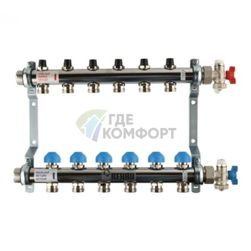 Коллекторная группа REHAU HKV на 6 выходов (РЕХАУ - 12180611001)1x3/4ЕК из нержавеющей стали с регулирующими и термостатическими вентилям - фото 1