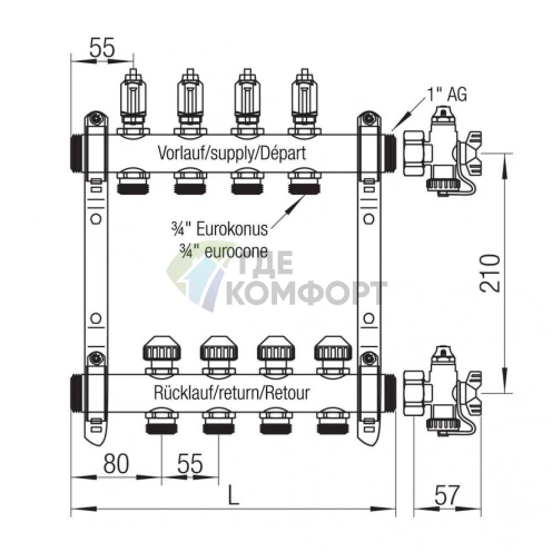 Коллекторная группа REHAU HKV-D на 2 выхода (РЕХАУ - 12080211002)1x3/4ЕК из нержавеющей стали с регулирующими и термостатическими вентилями и расходомерами - фото 4