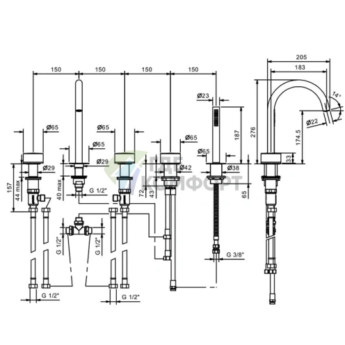 Смеситель для ванны Fantini Nice с ручным душем, 5 отверстий, хром (65 02 S065S) - фото 2
