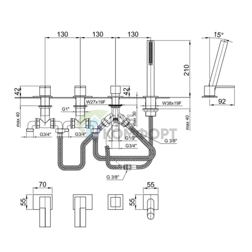 Смеситель для ванны Fantini AR/38 без излива и ручек (4 отверстия, хром) (38 02 5367S) - фото 2