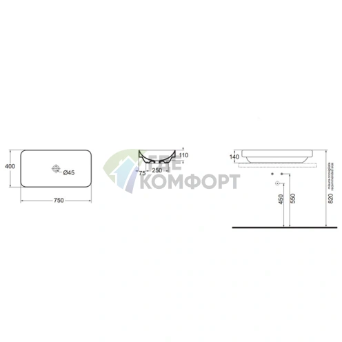 Накладная раковина AZZURRA ELEGANCE SOFT 75x40 см без отверстия под смеситель, белая - фото 3