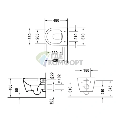 Унитаз подвесной Duravit ME by Starck Compact Rimless с покрытием WonderGliss (25300900001) - фото 2