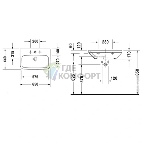 Медицинская раковина Duravit DuraStyle 650x440 мм без перелива и отверстия под смеситель, белая (2324650070) - фото 2