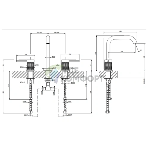 Смеситель для раковины GESSI 316 на 3 отверстия в матовом черном металлике PVD (54212#707) - фото 2