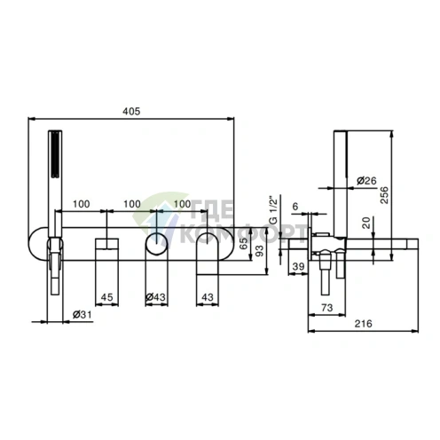 Встраиваемый смеситель Fantini Mare для ванны с ручным душем (хром) (51 02 V021B) - фото 2