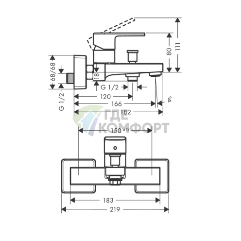 Встраиваемый смеситель для ванны Hansgrohe Vernis Shape с переключателем, хром (71450000) - фото 2