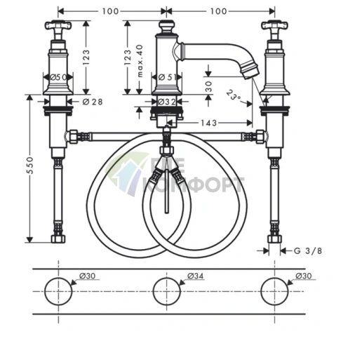 Смеситель для раковины AX Montreux 30 см, 3 отверстия, шлифованный никель (16536820) - фото 2