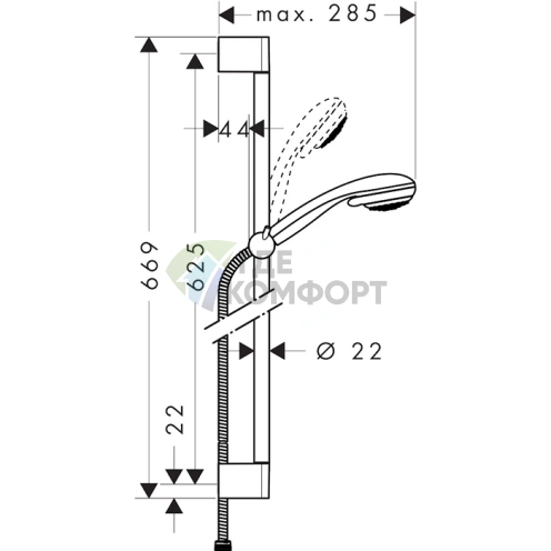 Душевой набор HG Crometta 85: штанга 65 см, ручной душ 85 с 3 режимами, хром (27767000) - фото 2