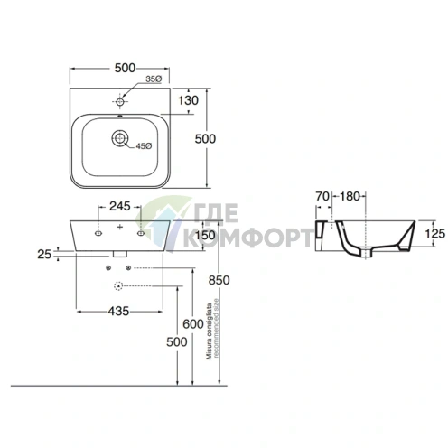 Раковина подвесная AZZURRA BUILD 50х50 см белая с отверстием под смеситель - фото 2