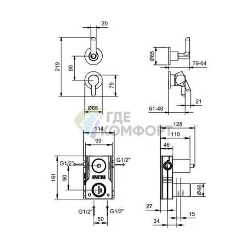Встраиваемый однорычажный смеситель для душа FANTINI ICONA DECO с переключателем на 2 потока, хром (53 02 R685B) - фото 2