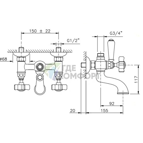 Смеситель для ванны и душа Nicolazzi Dames Anglaises с двумя ручками и верхним подключением (хром) (1400CR18) - фото 2