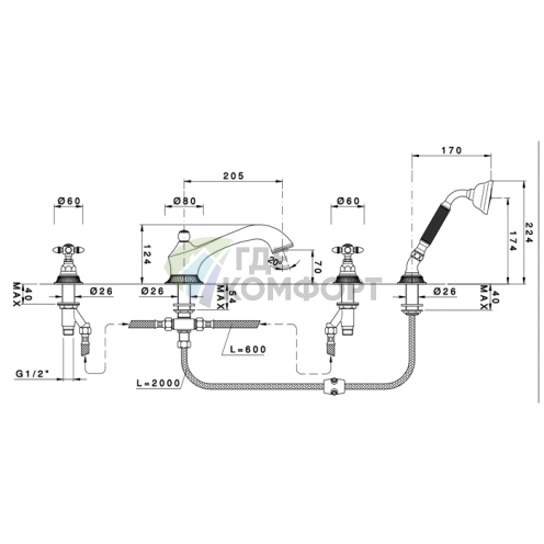 Смеситель для ванны Nicolazzi Impero с ручным душем, 4 отверстия, хром (1204CR36L) - фото 2