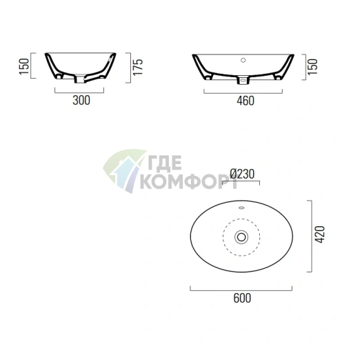 Накладная раковина GSI Sand 60x42 см с переливом, белая - фото 2