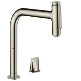 Hansgrohe Metris M71 Смеситель для кухни, на 2 отв, поворотный излив 221мм с вытяжным душем, 2jet, h208мм, sBox, цвет: под сталь (73818800)