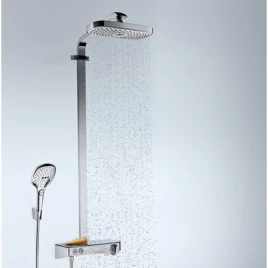 HG Raindance Select E Душевая система Showerpipe: верх.душ 300 2jet, ручн.душ, шланг, термостат с полочкой, цвет: белый/хром (27126400)