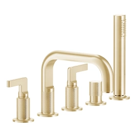 GESSI INCISO Смеситель для ванны на 5 отверстий с изливом, переключателем, ручным душем и шлангом 1,50 м, цвет: золото (58040#246)