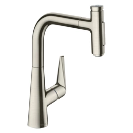 Hansgrohe Talis Select M51 Смеситель для кухни, на 1 отв, поворотный излив 208мм с вытяжным душем, 2jet, h223мм, sBox, кнопка вкл/выкл, цвет: под сталь (73868800)
