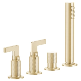 GESSI INCISO Смеситель для ванны на 4 отверстия для наполнения через слив-перелив, переключатель, с ручным душем, цвет: золото (58043#246)