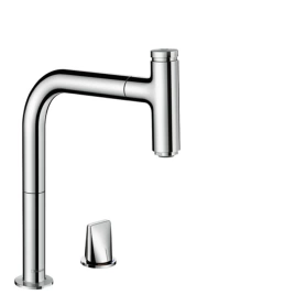 Hansgrohe Metris Select M71 Смеситель для кухни, на 2 отв, поворотный излив 221мм с вытяжным душем, 1jet, h208мм, sBox, кнопка вкл/выкл, цвет: хром (73804000)
