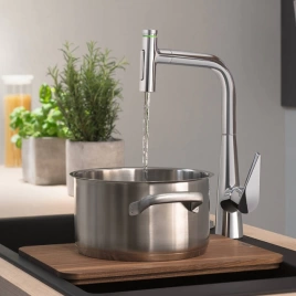 Hansgrohe Talis Select M51 Смеситель для кухни, на 1 отв, поворотный излив 220мм с вытяжным душем, 2jet, h288мм, sBox, кнопка вкл/выкл, цвет: хром (73867000)