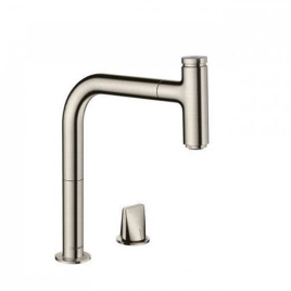 Hansgrohe Metris Select M71 Смеситель для кухни, на 2 отв, поворотный излив 221мм с вытяжным душем, 1jet, h208мм, sBox, кнопка вкл/выкл, цвет: под сталь (73804800)