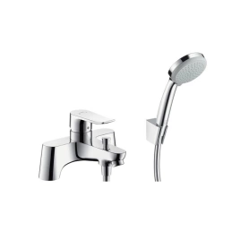 Hansgrohe Metris Смеситель на край ванны, на 2 отв, переключатель вакумный, с ручным душем Croma 100 Vario и держатель Porter S, цвет: хром (31422000)