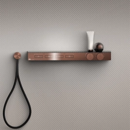 Gessi Hi-Fi Термостат для душа, с вкл. до 4 источников одновременно (внешняя часть), с полкой из черного мат. стекла, цвет: Copper Brushed PVD (63026#708)