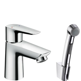 Hansgrohe Talis E Набор для биде: смеситель для раковины на 1 отв, с дон.клапаном PushOpen, излив 96мм, душ бидетте с держателем и шланг, цвет: хром (71729000)