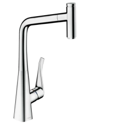 Hansgrohe Metris Select M71 Смеситель для кухни, на 1 отв, поворотный излив 235мм с вытяжным душем, 1jet, h333мм, sBox, кнопка вкл/выкл, цвет: хром (73803000)