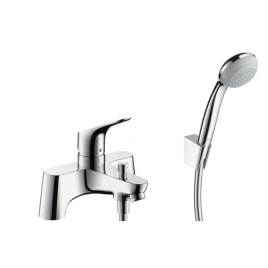 Hansgrohe Focus Смеситель на край ванны, на 2 отв, переключатель вакумный, с ручным душем Crometta 85 1jet и держатель Porter S, цвет: хром (31521000)