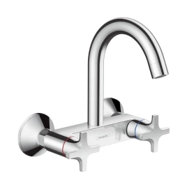 Hansgrohe Logis Classic Смеситель для кухни настенный, поворотный излив 144мм, с 2 ручками +, цвет: хром (71286000)