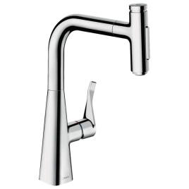 Hansgrohe Metris M71 Смеситель для кухни, на 1 отв, поворотный излив 208мм с вытяжным душем, 2jet, h238мм, sBox кнопка вкл/выкл,, цвет: хром (73817000)