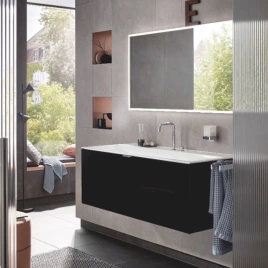 Emco Vanity units Тумба под раковины 9577 114 20/21/22/23, 1208х521хh440мм, подвесная, 1 ящик со стекл фасадом, ручка хром, корпус лак, цвет: черный (9583 275 21)
