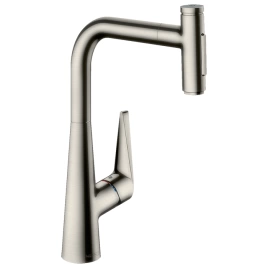 Hansgrohe Talis Select M51 Смеситель для кухни, на 1 отв, поворотный излив 220мм с вытяжным душем, 2jet, h288мм, sBox, кнопка вкл/выкл, цвет: под сталь (73867800)