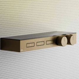 Gessi Hi-Fi Термостат для душа, с вкл. до 3 источников одновременно (внешняя часть), с полкой из черного мат. стекла, цвет: warm bronze brushed pvd (63024#726)