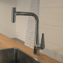 Hansgrohe Talis Select M51 Смеситель для кухни, на 1 отв, поворотный излив 223мм с вытяжным душем, 1jet, h222мм, кнопка вкл/выкл, цвет: хром (72822000)