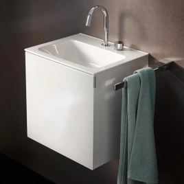 Emco Vanity units Тумба под раковины 9577 114 40/41/42, 404х538хh392мм, подвесная, 1 дверь со стекл фасадом SX, ручка хром, корпус лак, цвет: белый (9583 274 24)
