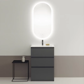 BURGBAD LIN20 Комплект мебели 630х415х912 мм, напольный, 3 ящика, с 1 отверстием для смесителя, раковина белая с сифоном, цвет Grey dark matt (SGHE063F5381C0001x1)