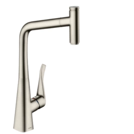 Hansgrohe Metris Select M71 Смеситель для кухни, на 1 отв, поворотный излив 235мм с вытяжным душем, 1jet, h333мм, sBox, кнопка вкл/выкл, цвет: под сталь (73803800)