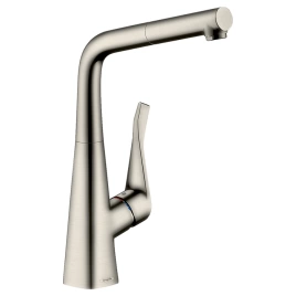 Hansgrohe Metris M71 Смеситель для кухни, на 1 отв, поворотный излив 219мм с вытяжным душем, 1jet, h315мм, sBox, цвет: под сталь (73812800)