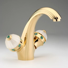 THG AMBOISE MALACHITE Смеситель для раковины на 1 отверстие, с донным клапаном, вставки малахит, цвет полированное золото (A1J-F01-2155)