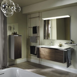 BURGBAD Yso База с керамич.умыв.1280х490х452 см.2 ящика,1 раздел.2полотенц.раковина с 1 отв под смес. цвет мебели корп. серый глянц/фас коньячный орех (SFAC111 L K0396 F2321 C0001x1)