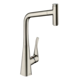Hansgrohe Metris Select M71 Смеситель для кухни на 1 отв, поворотный и выдвижной излив 1jet, кнопка вкл/выкл воды, цвет под сталь (14884800)