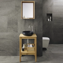BURGBAD MAX Комплект мебели 550х400х910 мм, напольный, раковина черная, 1 полка, корзина, с 1 отв для смесителя справа, сифон, цвет Natural knotty oak (SGKA055R C0038 F5349)