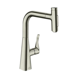 Hansgrohe Metris M71 Смеситель для кухни, на 1 отв, поворотный излив 208мм с вытяжным душем, 2jet, h238мм, sBox кнопка вкл/выкл,, цвет: под сталь (73817800)