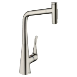 Hansgrohe Metris M71 Смеситель для кухни, на 1 отв, поворотный излив 235мм с вытяжным душем, 2jet, h333мм, sBox, цвет: под сталь (73816800)