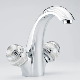 THG MARQUISE BLANC DECOR PLATINE Смеситель для раковины на 1 отверстие, с донным клапаном, ручки белые, декор платина, цвет хром (A7G-A02-2155)