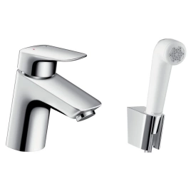 Hansgrohe Logis Cмеситель для раковины на 1 отв, без дон.клапана, излив 107мм, с гигиенич душем (душ бидетте с держателем и шланг 1,6м), цвет: хром (71290000)